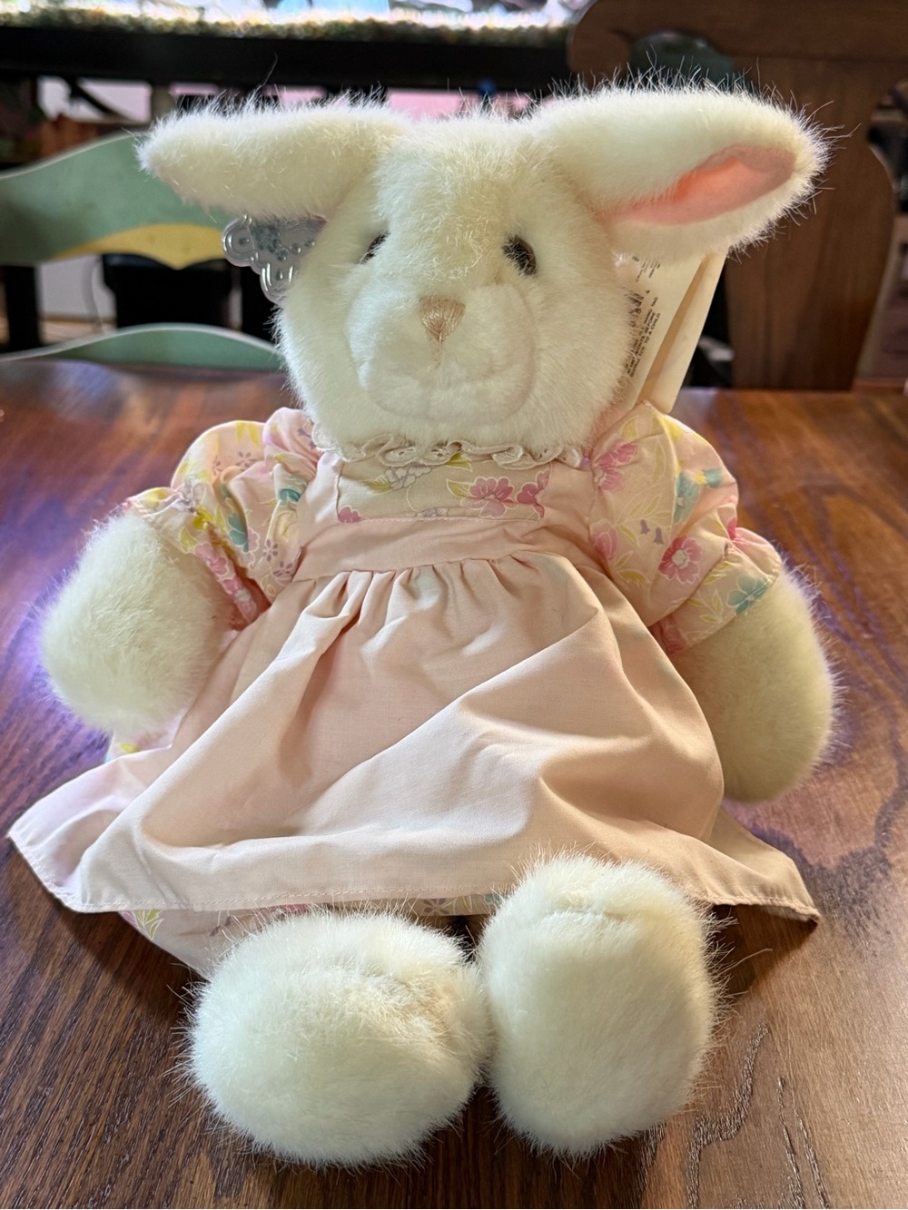 RARE Russ Caress Soft Pets White Rabbit Pink Floral Dress JINNY 15”